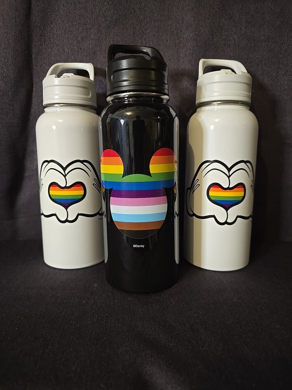Lot Of 3 Disney Pride Heart Aluminum Metal Water Bottles 33.8 Fl Oz Each NEW
